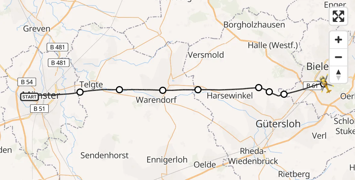Flugroute Rettungshubschrauber Münster - Luftrettungszentrum Bielefeld, 16 Juli 2026, 14:23