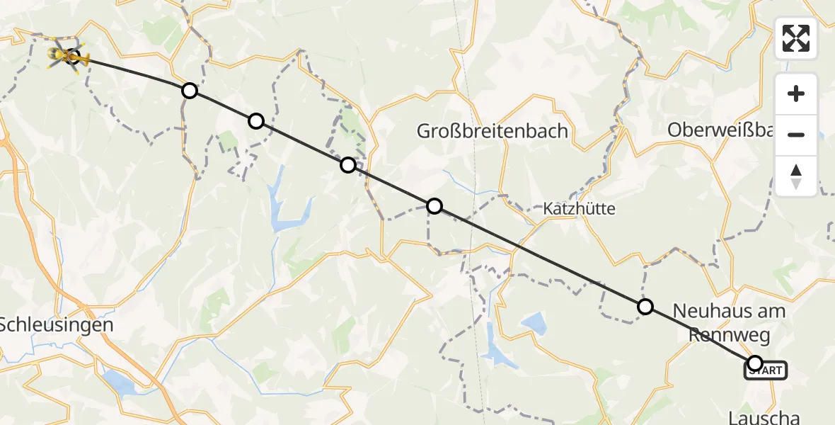 Flugroute Rettungshubschrauber Lauscha - Schleusingen, 16 Juli 2026, 14:24