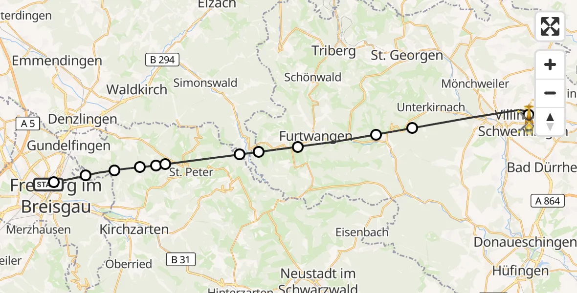 Flugroute Ambulanzhubschrauber Freiburg University Hospital Heliport 1 - DRF Air Rescue Station Villingen-Schwenningen Hubschrauberlandeplatz (Christoph 11), 16 Juli 2026, 14:30