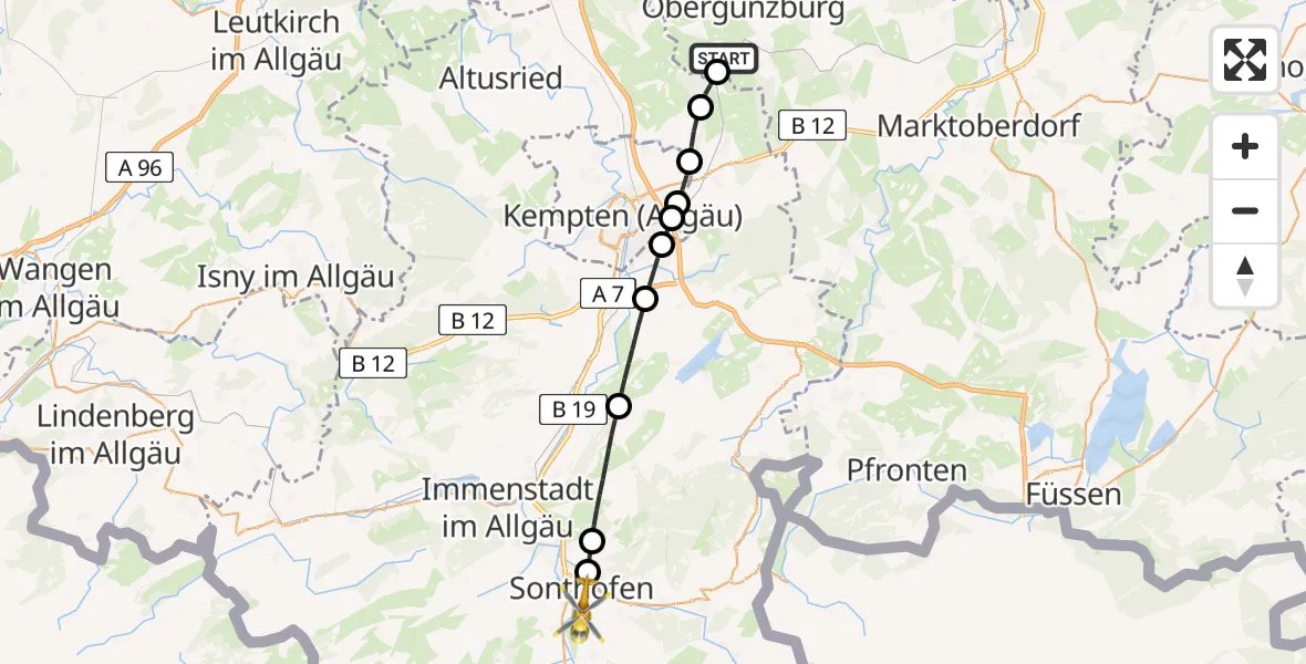 Flugroute Rettungshubschrauber Günzach - Sonthofen, 16 Juli 2026, 14:32