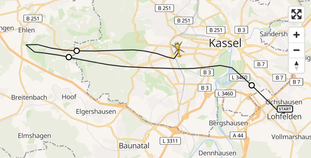 Flugroute Rettungshubschrauber Lohfelden - Kassel, 16 Juli 2026, 14:38