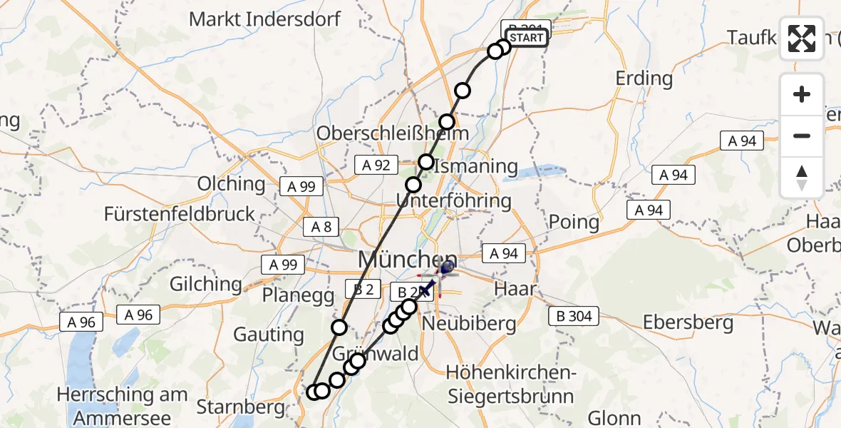 Flugroute Polizeihubschrauber Hallbergmoos - München, 16 Juli 2026, 14:40