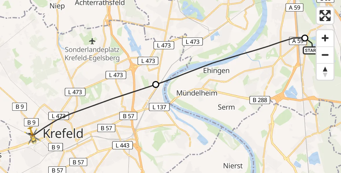 Flugroute Rettungshubschrauber Duisburg Air Rescue Hubschrauberlandeplatz (Christoph 9) - Krefeld, 16 Juli 2026, 14:43