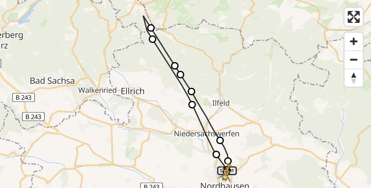 Flugroute Rettungshubschrauber Südharz Hospital Nordhausen - Südharz Hospital Nordhausen, 16 Juli 2026, 14:51