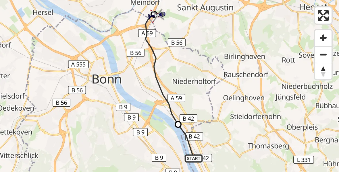 Flugroute Polizeihubschrauber Königswinter - Sankt Augustin, 16 Juli 2026, 15:08