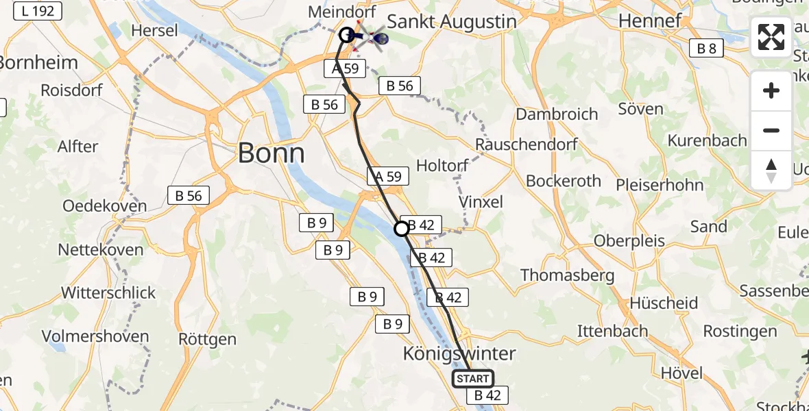 Flugroute Polizeihubschrauber Königswinter - Sankt Augustin, 16 Juli 2026, 15:08
