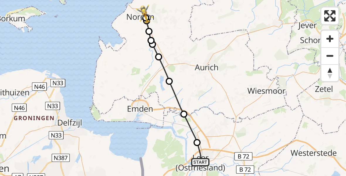 Flugroute Ambulanzhubschrauber Leer (Ostfriesland) - Norden, 16 Juli 2026, 15:14