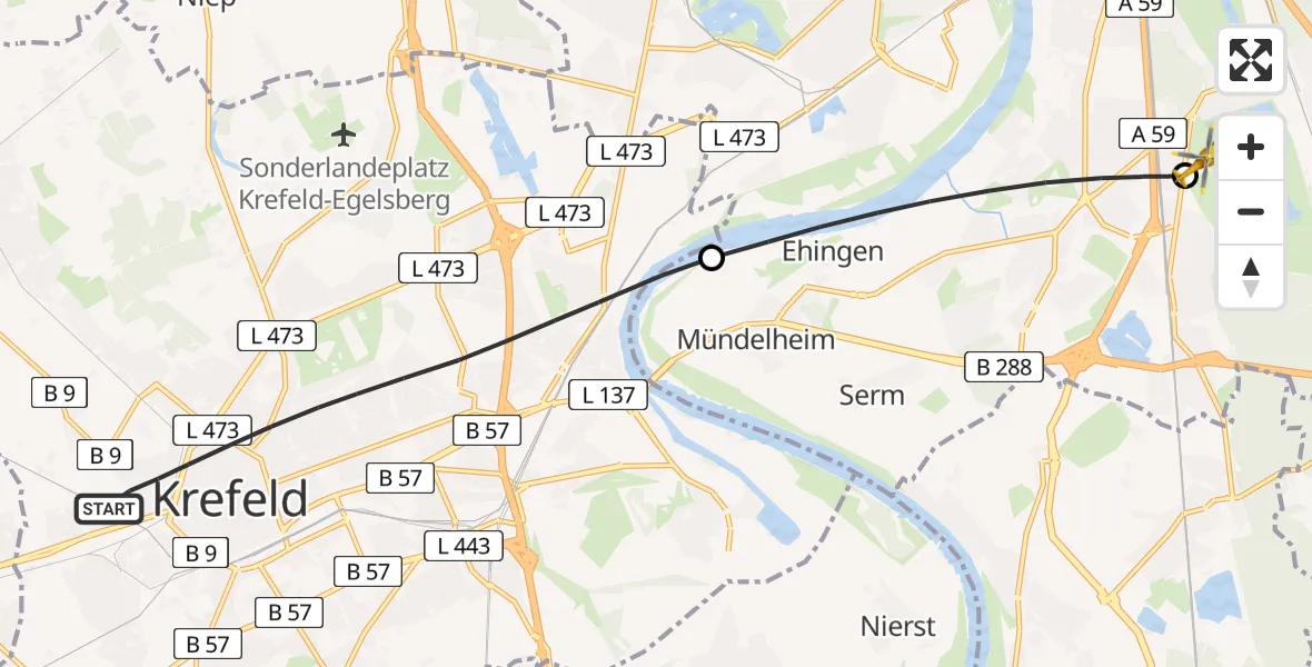 Flugroute Rettungshubschrauber Krefeld - Duisburg Air Rescue Hubschrauberlandeplatz (Christoph 9), 16 Juli 2026, 15:16