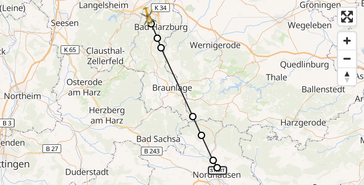 Flugroute Rettungshubschrauber Südharz Hospital Nordhausen - Bad Harzburg, 16 Juli 2026, 15:21