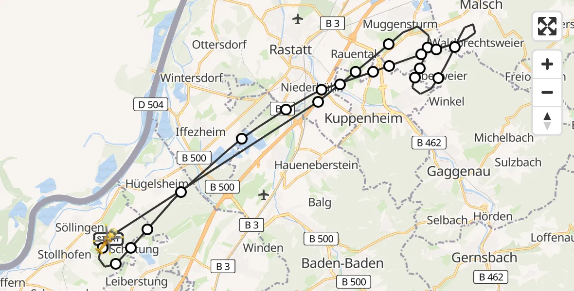 Flugroute Rettungshubschrauber Karlsruhe Baden-Baden Flughafen - Karlsruhe Baden-Baden Flughafen, 16 Juli 2026, 15:24