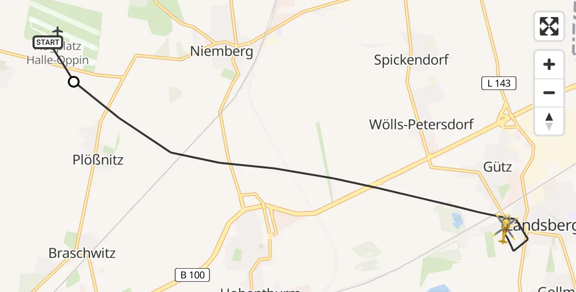 Flugroute Rettungshubschrauber Halle-Oppin Flugplatz - Landsberg, 16 Juli 2026, 15:37