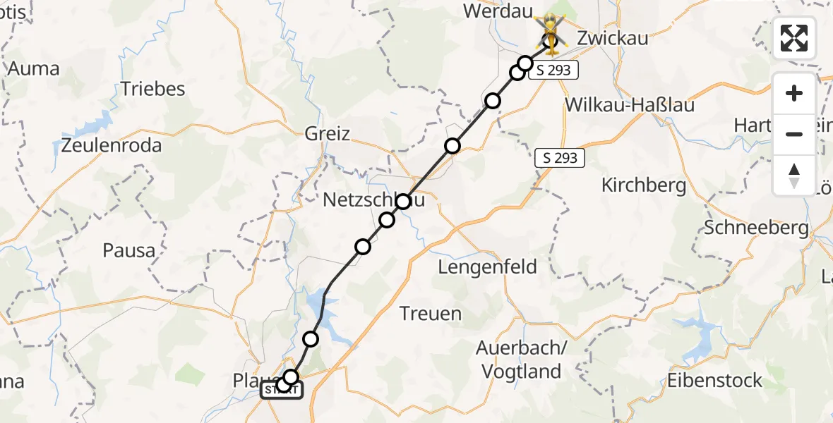Flugroute Rettungshubschrauber Helios Clinic Plauen - ADAC Air Rescue Station Zwickau Hubschrauberlandeplatz, 16 Juli 2026, 15:37