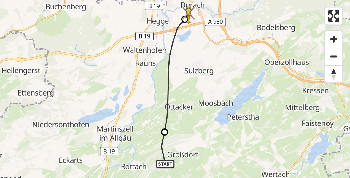 Flugroute Rettungshubschrauber Rettenberg - Kempten-Durach Flugplatz, 16 Juli 2026, 15:38