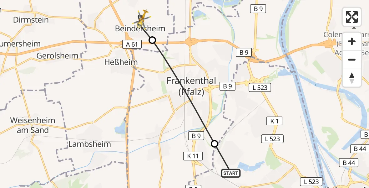 Flugroute Rettungshubschrauber Ludwigshafen am Rhein - Beindersheim, 16 Juli 2026, 15:46