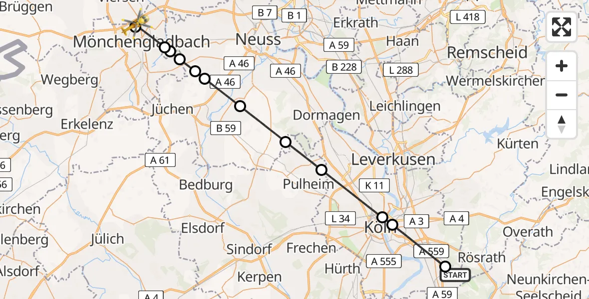 Flugroute Ambulanzhubschrauber Köln Bonn Flughafen - Maria-Hilf-Klinik Hubschrauberlandeplatz, 16 Juli 2026, 15:49