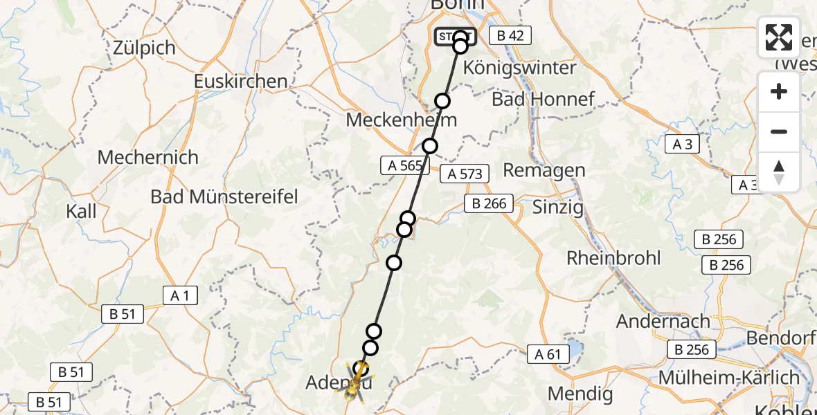 Flugroute Ambulanzhubschrauber Bonn University Hospital - Adenau, 16 Juli 2026, 16:01