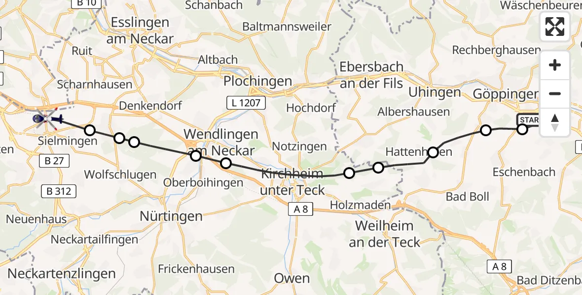 Flugroute Polizeihubschrauber Göppingen - Flughafen Stuttgart, 16 Juli 2026, 16:02
