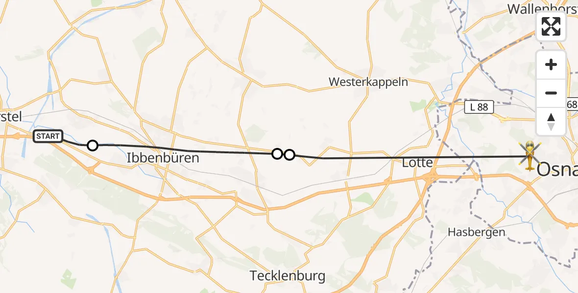 Flugroute Ambulanzhubschrauber Hörstel - Osnabrück Hospital, 16 Juli 2026, 16:06