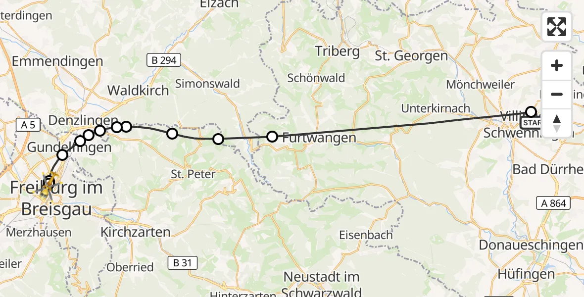 Flugroute Ambulanzhubschrauber DRF Air Rescue Station Villingen-Schwenningen Hubschrauberlandeplatz (Christoph 11) - Freiburg University Hospital Heliport 1, 16 Juli 2026, 16:07