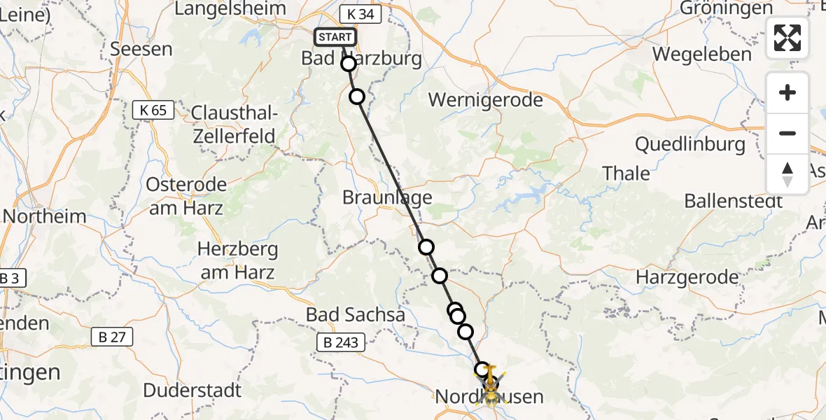 Flugroute Rettungshubschrauber Bad Harzburg - Südharz Hospital Nordhausen, 16 Juli 2026, 16:08