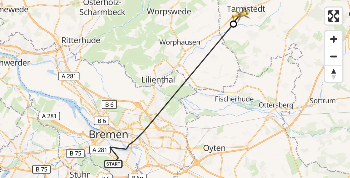 Flugroute Rettungshubschrauber Bremen - Tarmstedt, 16 Juli 2026, 16:09