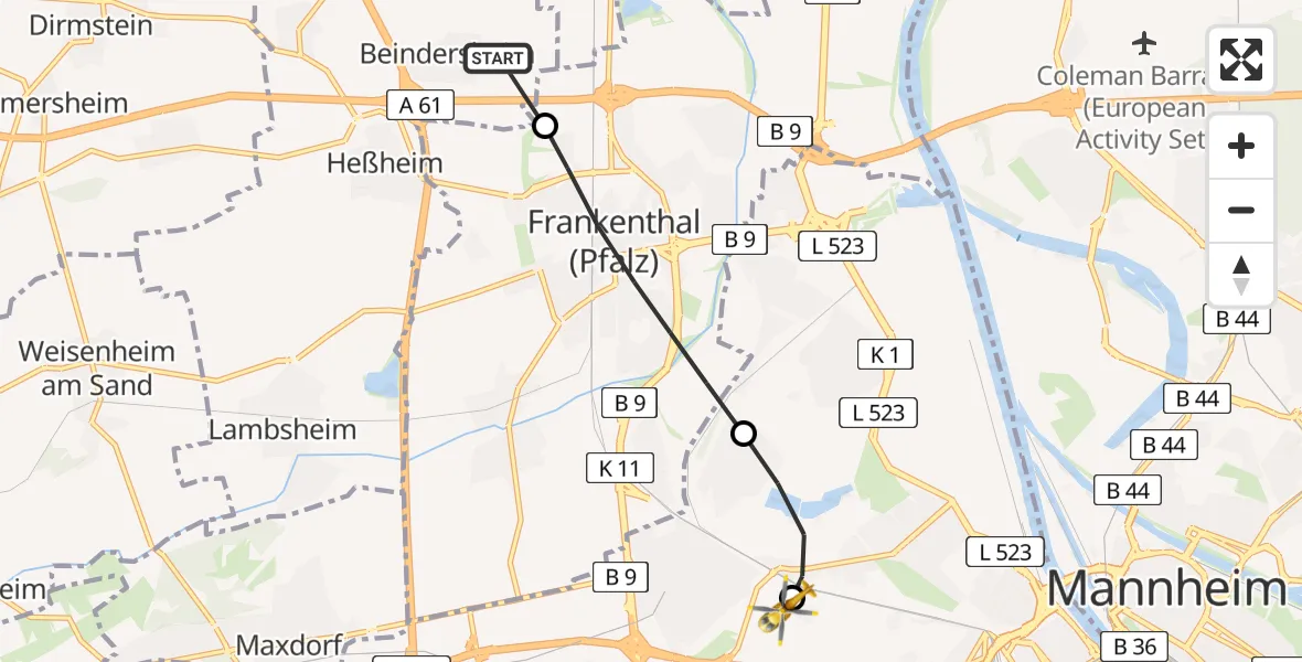 Flugroute Rettungshubschrauber Beindersheim - Ludwigshafen Accident Hospital, 16 Juli 2026, 16:21
