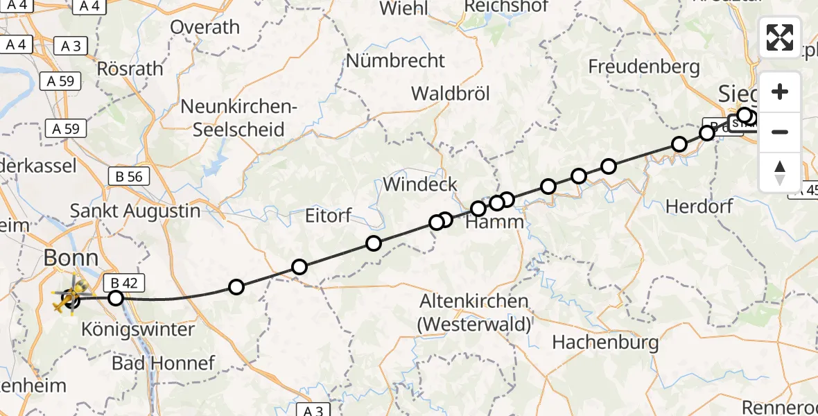 Flugroute Rettungshubschrauber Evangelisches Jung-Stilling Hospital - Bonn University Hospital, 16 Juli 2026, 16:22
