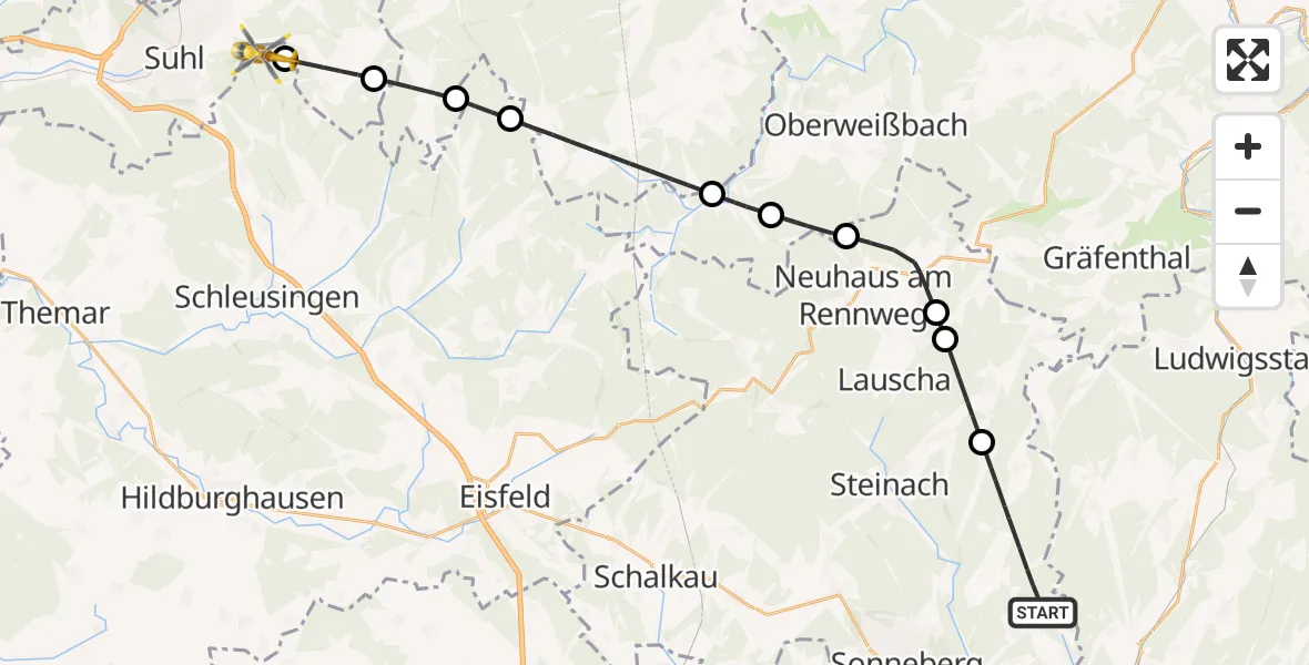 Flugroute Rettungshubschrauber Föritztal - Schleusingen, 16 Juli 2026, 16:29