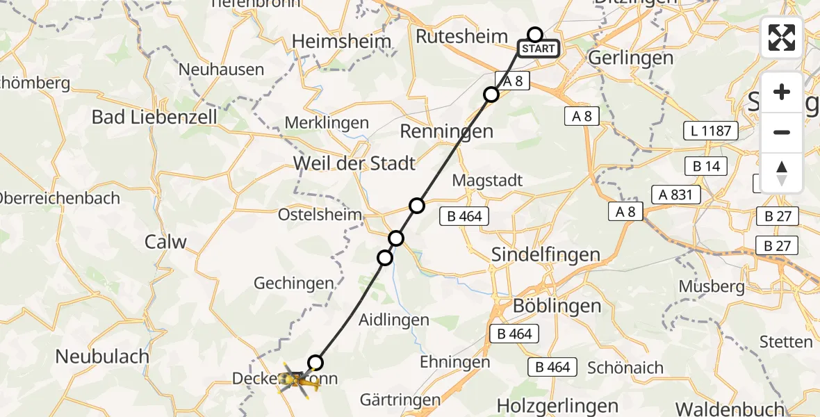Flugroute Rettungshubschrauber Leonberg Hospital - Deckenpfronn, 16 Juli 2026, 16:37