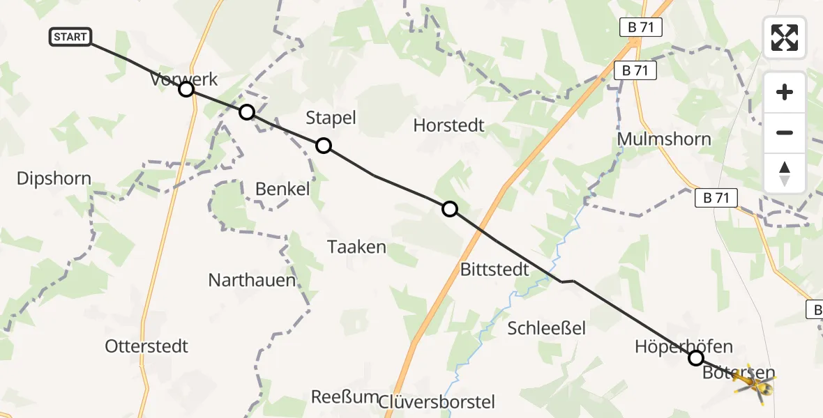 Flugroute Rettungshubschrauber Bülstedt - Bötersen, 16 Juli 2026, 16:47