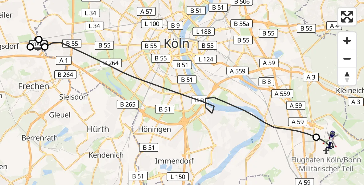 Flugroute Polizeihubschrauber Frechen - Köln Bonn Flughafen, 16 Juli 2026, 16:50