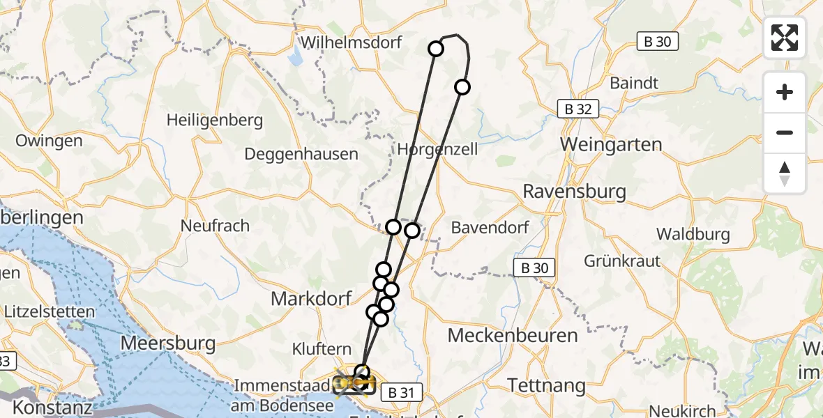 Flugroute Rettungshubschrauber Friedrichshafen Hospital - Friedrichshafen Hospital, 16 Juli 2026, 17:00