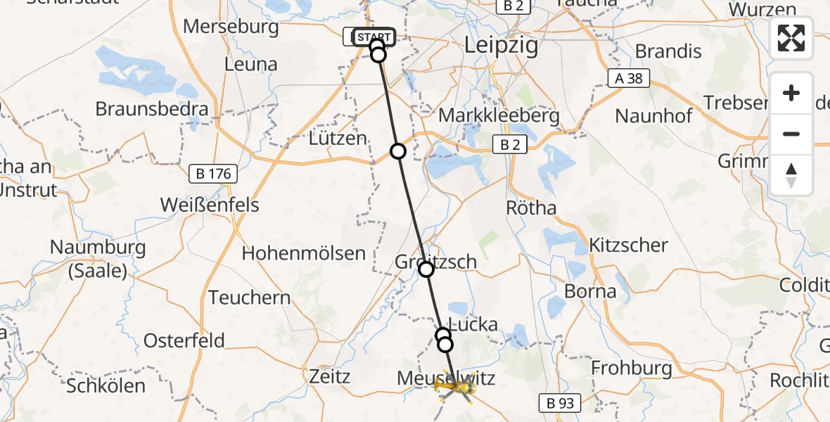 Flugroute Rettungshubschrauber ADAC Air Rescue Station Leipzig/Schkeuditz-Dölzig Hubschrauberlandeplatz (Christoph 61) - Meuselwitz, 16 Juli 2026, 17:05
