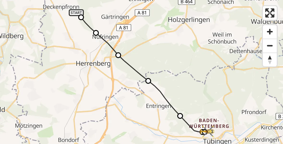 Flugroute Rettungshubschrauber Deckenpfronn - Tübingen University Hospital, 16 Juli 2026, 17:14