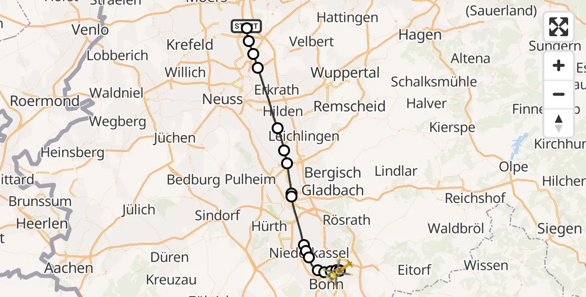 Flugroute Rettungshubschrauber Duisburg Air Rescue Hubschrauberlandeplatz (Christoph 9) - Sankt Augustin, 16 Juli 2026, 17:14