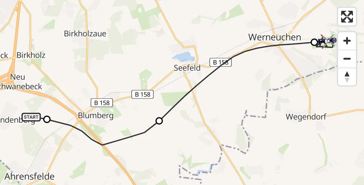 Flugroute Polizeihubschrauber Ahrensfelde Hubschrauberlandeplatz - Werneuchen Flugplatz, 16 Juli 2026, 17:27