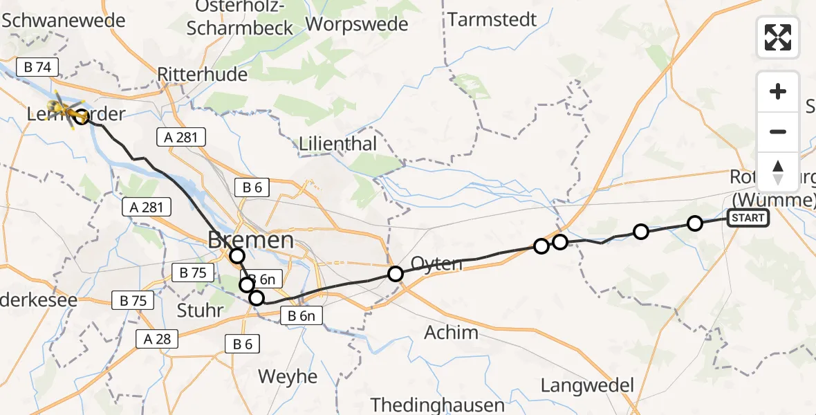 Flugroute Rettungshubschrauber Rotenburg (Wümme) - Lemwerder, 16 Juli 2026, 17:31