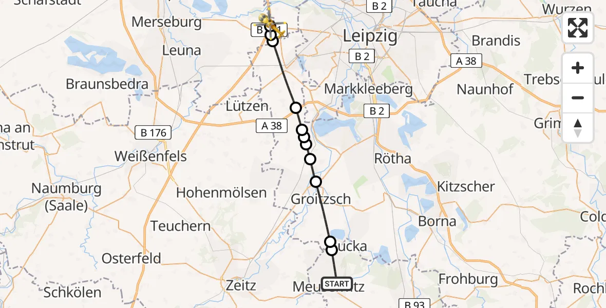 Flugroute Rettungshubschrauber Meuselwitz - ADAC Air Rescue Station Leipzig/Schkeuditz-Dölzig Hubschrauberlandeplatz (Christoph 61), 16 Juli 2026, 17:38