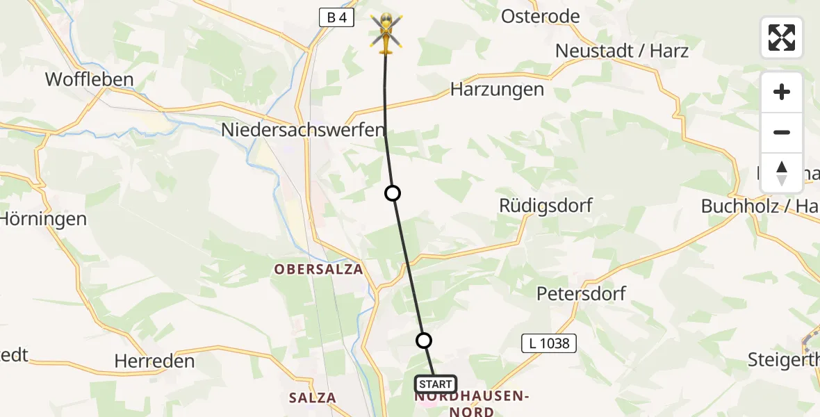 Flugroute Rettungshubschrauber Südharz Hospital Nordhausen - Harztor, 16 Juli 2026, 17:42