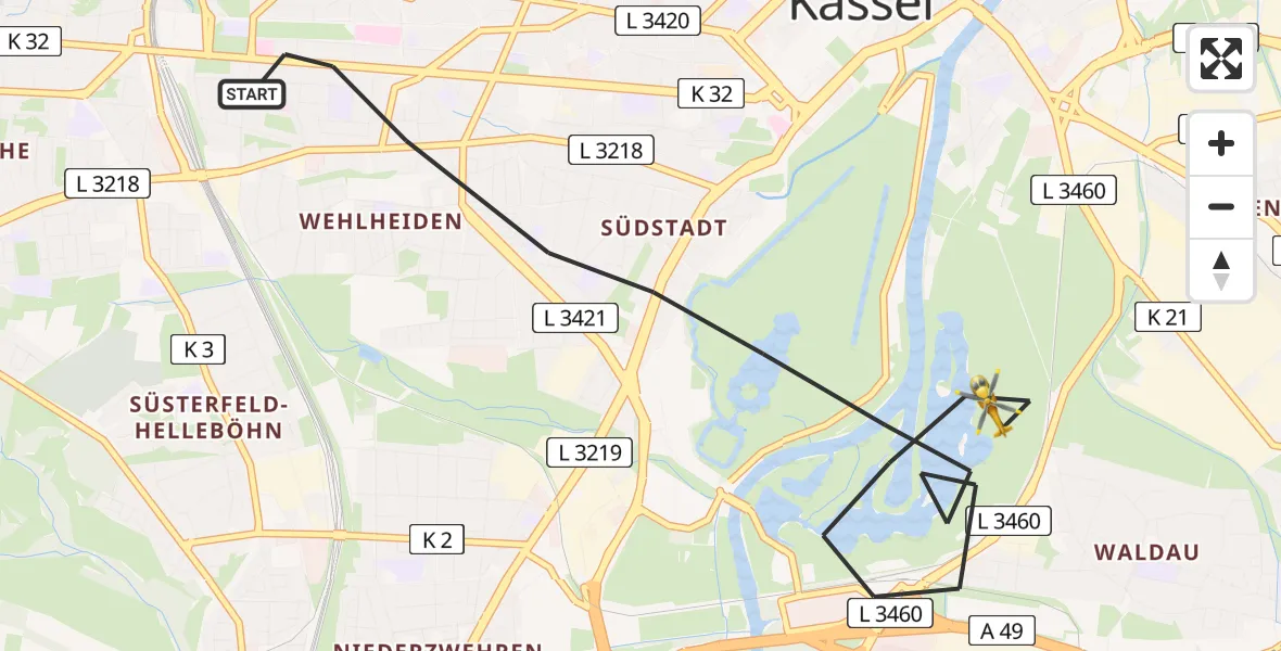 Flugroute Rettungshubschrauber Kassel - Kassel, 16 Juli 2026, 17:44