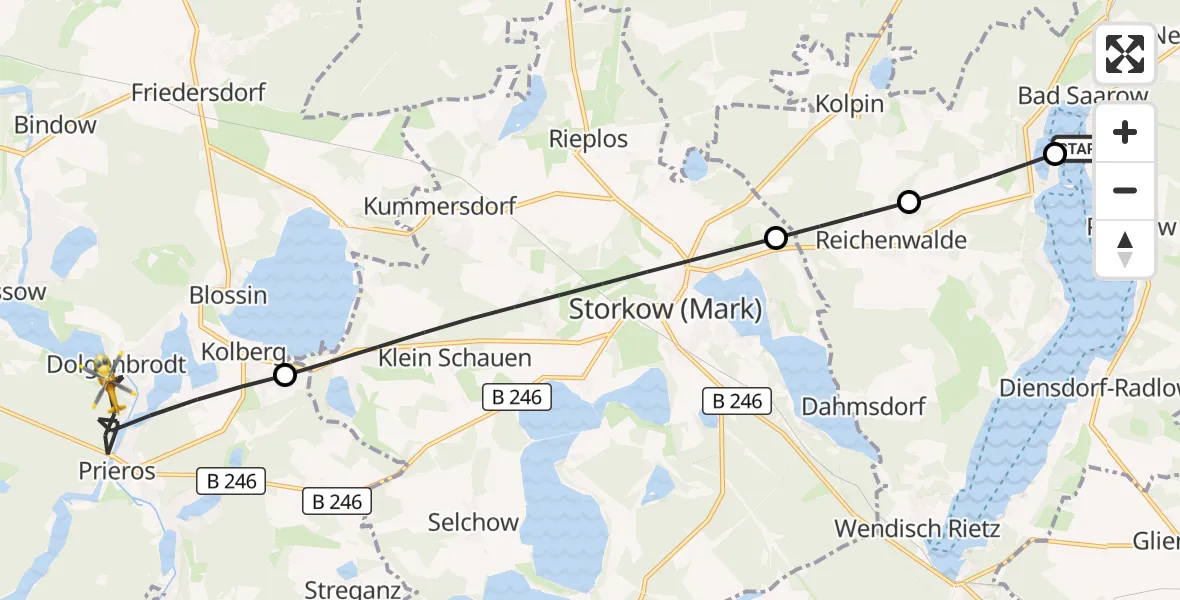 Flugroute Rettungshubschrauber Bad Saarow Hospital - Heidesee, 16 Juli 2026, 17:45