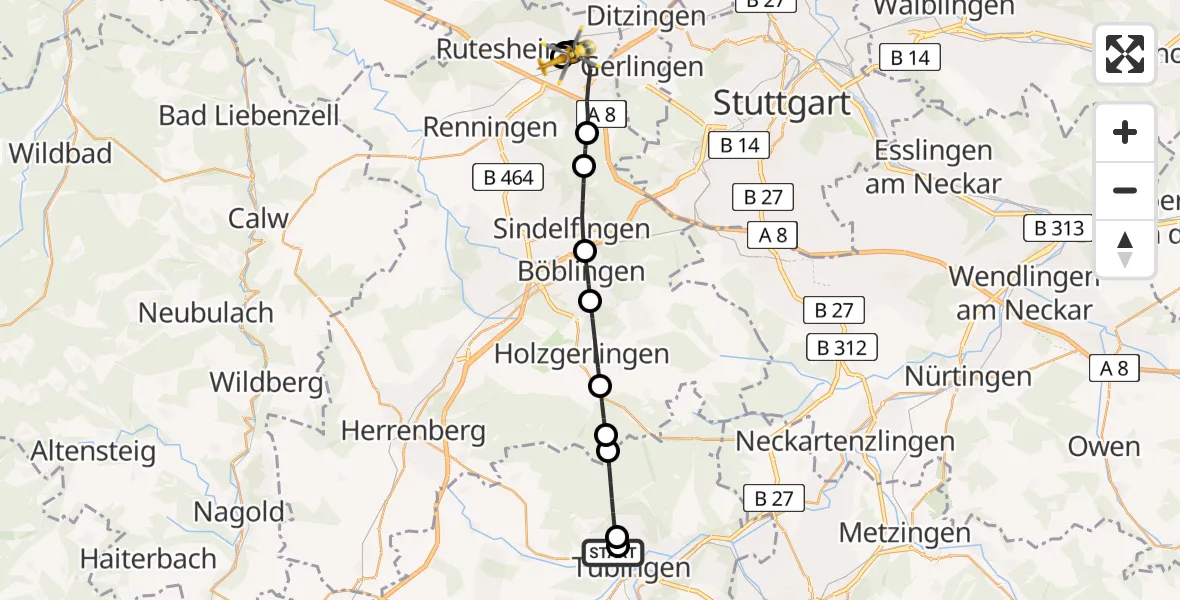 Flugroute Rettungshubschrauber Tübingen University Hospital - Leonberg Hospital, 16 Juli 2026, 17:46