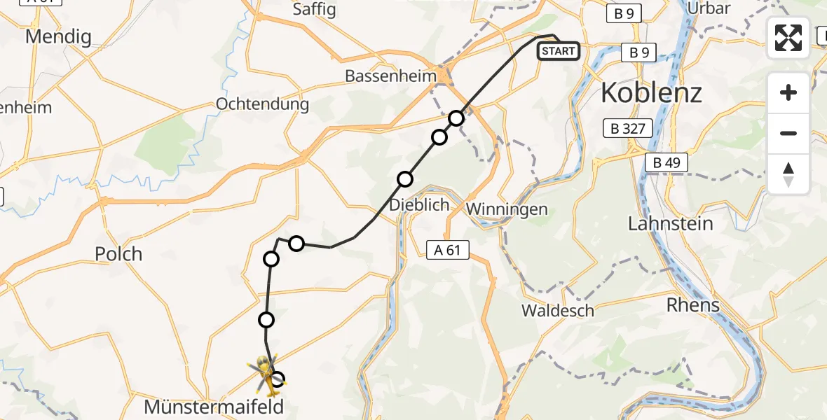 Flugroute Rettungshubschrauber Koblenz - Münstermaifeld, 16 Juli 2026, 17:53