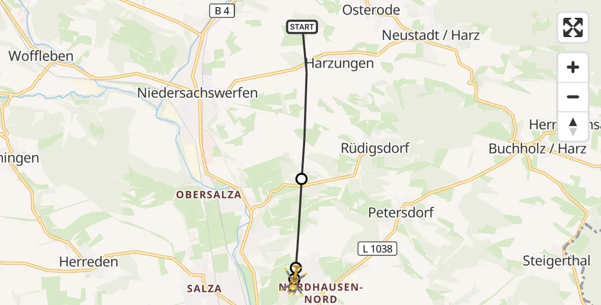 Flugroute Rettungshubschrauber Harztor - Südharz Hospital Nordhausen, 16 Juli 2026, 18:10