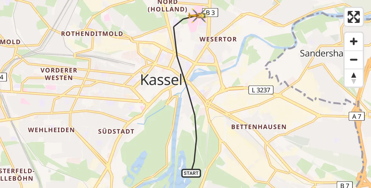 Flugroute Rettungshubschrauber Kassel - Kassel, 16 Juli 2026, 18:14