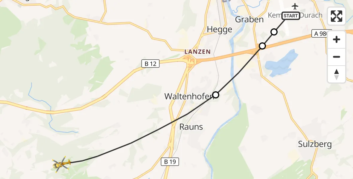 Flugroute Rettungshubschrauber Kempten-Durach Flugplatz - Waltenhofen, 16 Juli 2026, 18:16