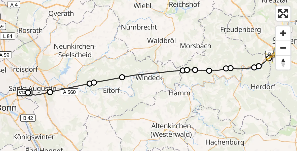 Flugroute Rettungshubschrauber Bonn-Hangelar Flugplatz - Siegen, 16 Juli 2026, 18:17