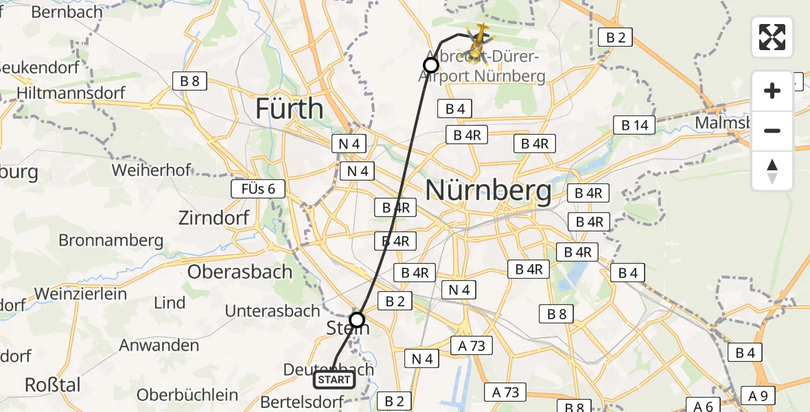 Flugroute Ambulanzhubschrauber Stein - Flughafen Nuremberg, 16 Juli 2026, 18:18