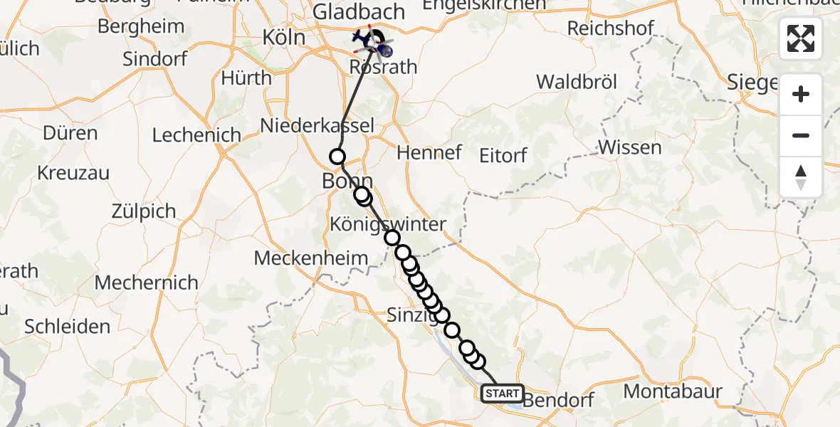 Flugroute Polizeihubschrauber Neuwied - Rösrath, 16 Juli 2026, 18:20