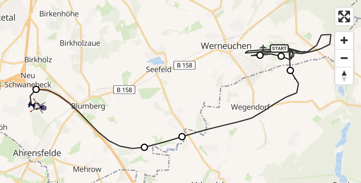 Flugroute Polizeihubschrauber Werneuchen - Ahrensfelde Hubschrauberlandeplatz, 16 Juli 2026, 18:25